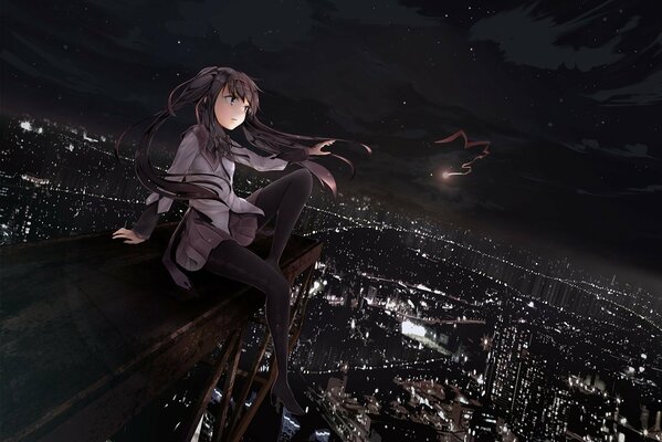 Akemi homura sur la ville de nuit et sous le ciel étoilé