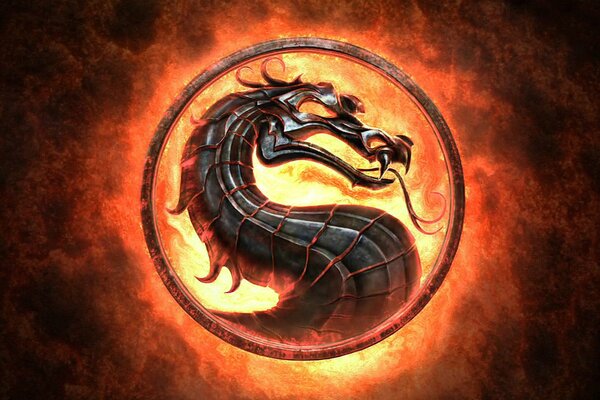 A dragon on a flaming background as the emblem of mortal kombat