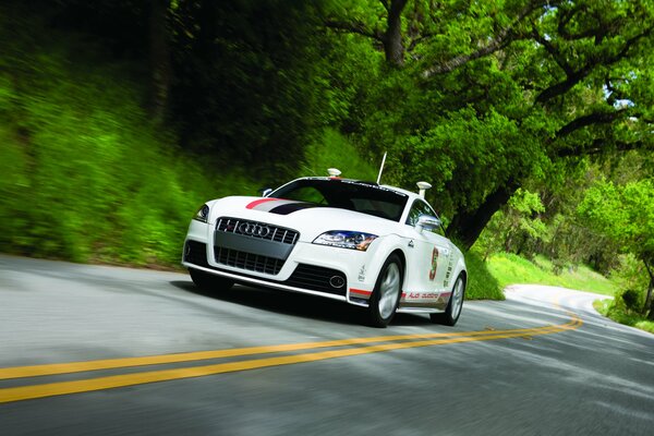 Sportowe białe Audi leci z dużą prędkością po torze
