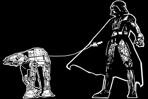 Dessin noir et blanc Darth Vader avec laisse