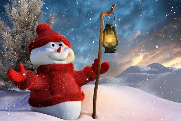 A snowman with a lantern in a snowdrift in winter