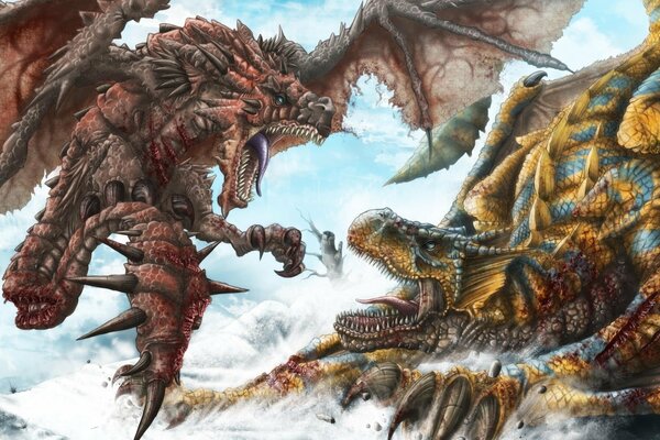 Lucha del dragón de fuego con un dinosaurio