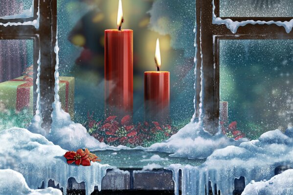 Красные свечи за окном зимой