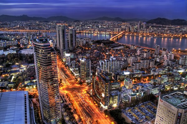 The evening capital of South Korea with headlights from cars