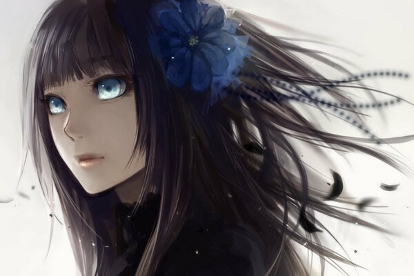 Anime girl with a flower in black hair