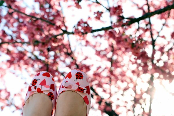 Girlish feet in shoes on the background of the garden