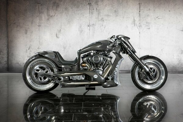 Beautiful motorcycle on a mirrored floor