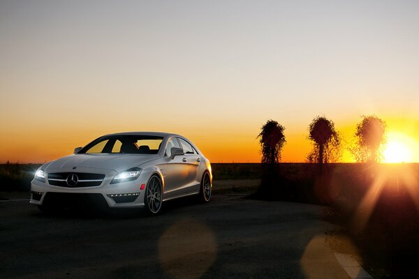 Snow-white Mercedes Benz stands at sunset