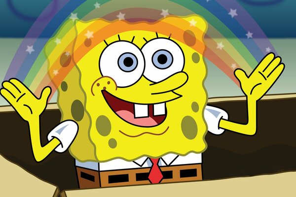 Spongebob malt mit den Händen einen Regenbogen