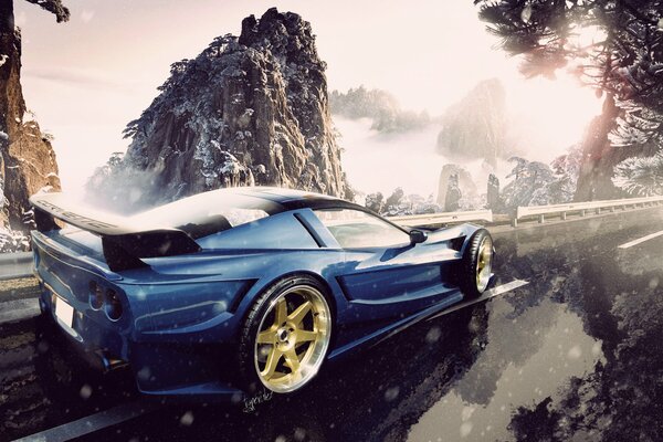 Un chevrolet azul, un Corvette en una carretera Nevada con vistas a la montaña