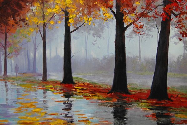Parque de otoño pintado al óleo