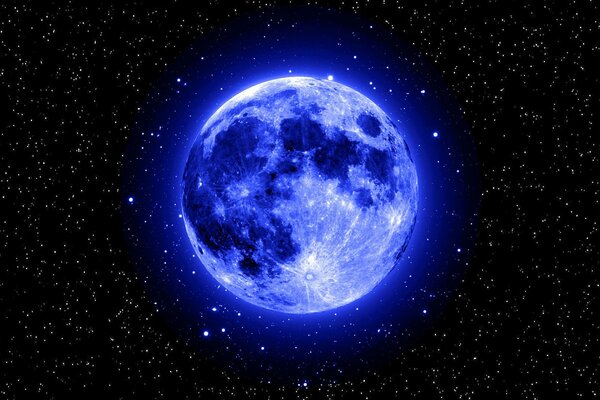 Blauer Mond im Weltraum am Sternenhimmel