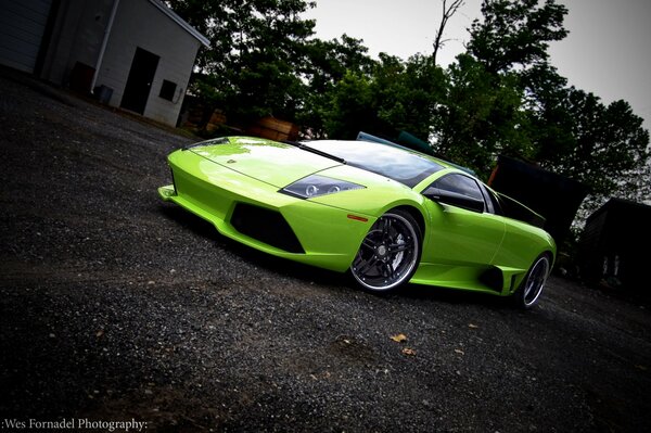 Light green sports car on the background of a country house and a tree on a cloudy day