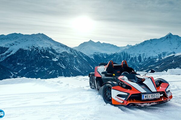 Powerful supercar on a snowy slope