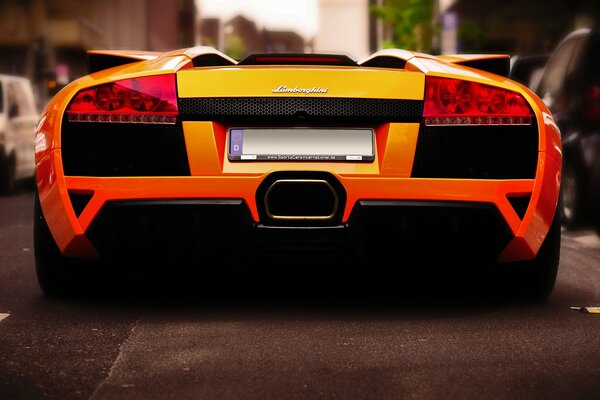 Yellow Lamborghini. Rear view