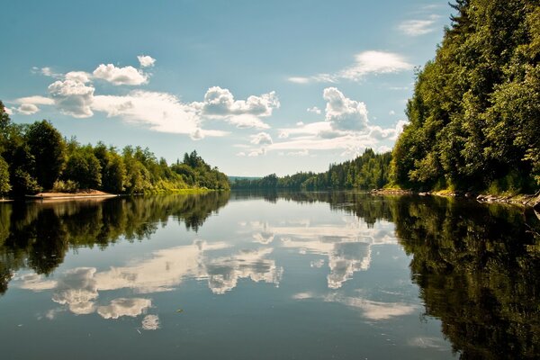 Copies of clouds in the reflection of the river