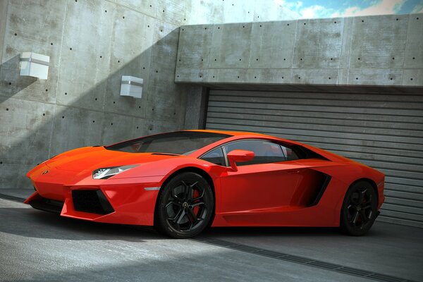 Ein roter Sportwagen der Marke Lamborghini auf dem Hintergrund eines Rolltors