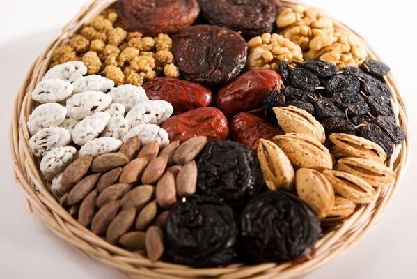 A basket of dried fruits. Proper nutrition