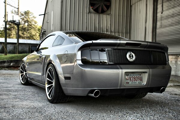 Silver bumper Ford Mustang near the hangar