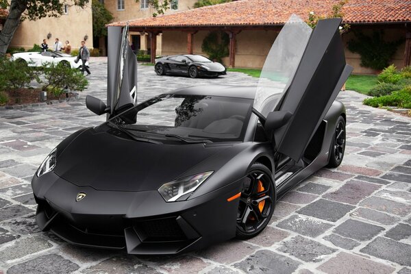 Super auto Lamborghini nero porte aperte