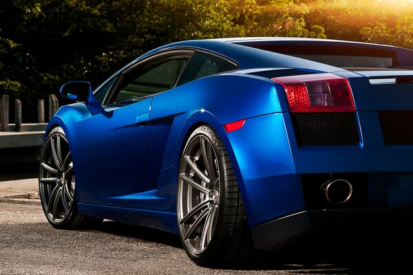 Bright blue sports car in the park