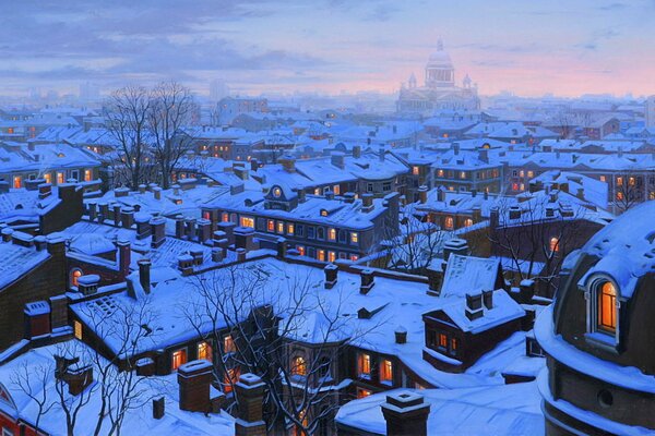 Winter landscape with houses with light in the windows