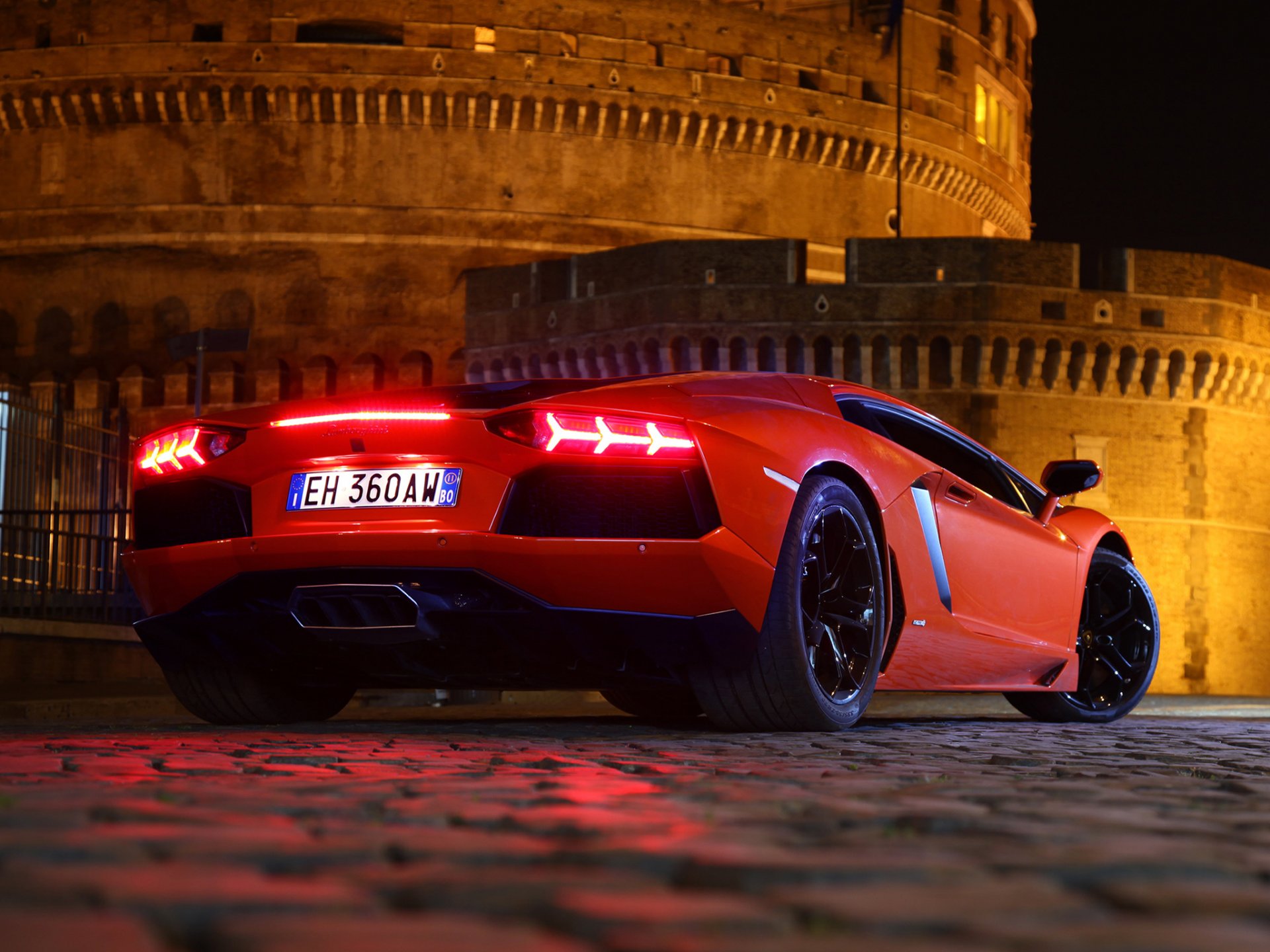 lamborghini aventador lp700-4 lamborghini aventador red supercar lights night fortress paving stone