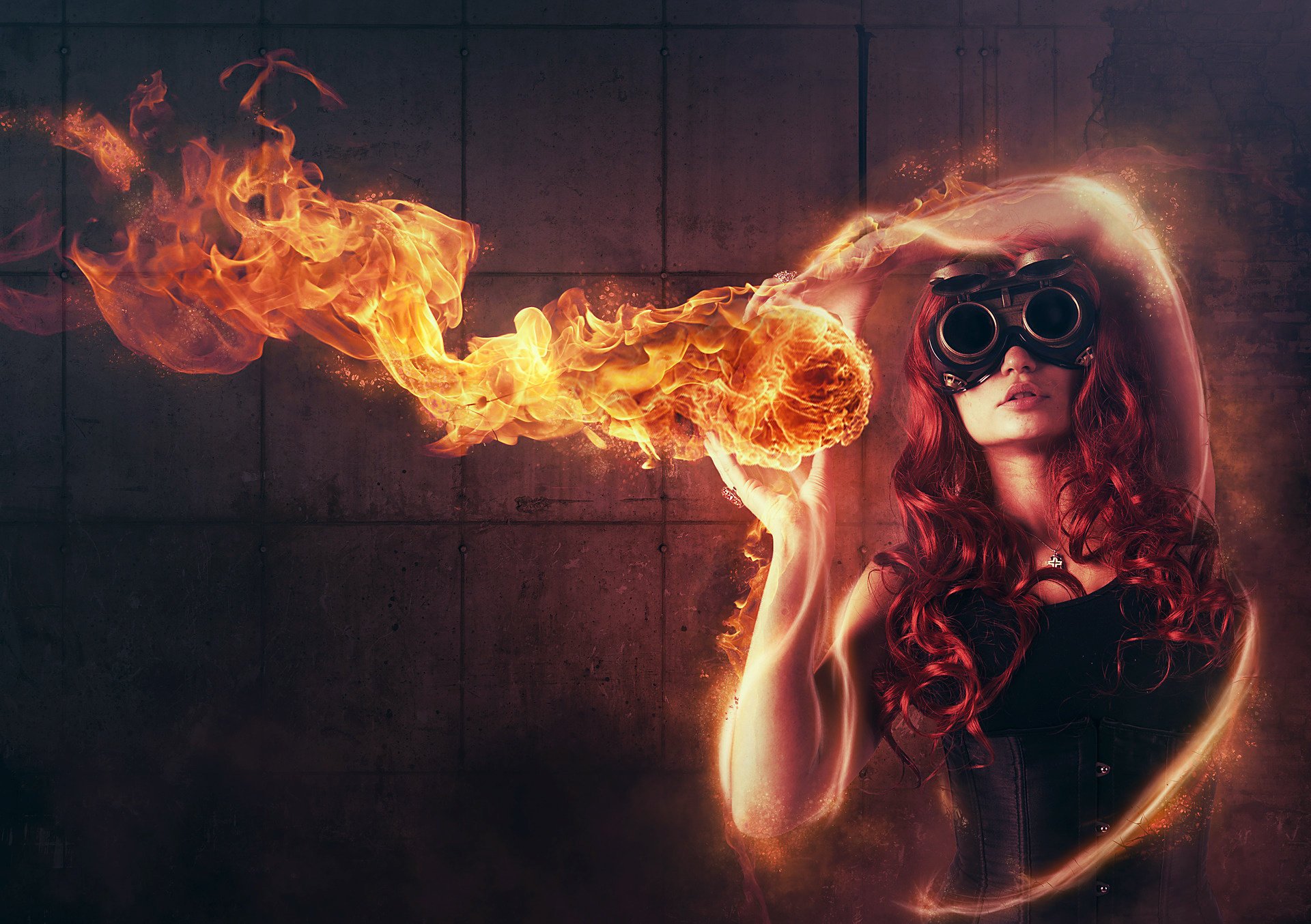 girl red abstraction fire glasse