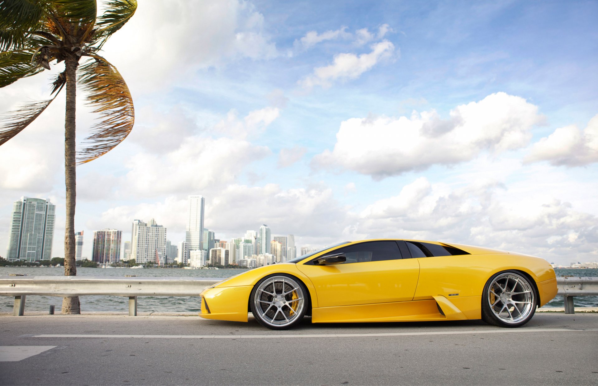 lamborghini eigelb felgen straße palme himmel wolken wind mayami