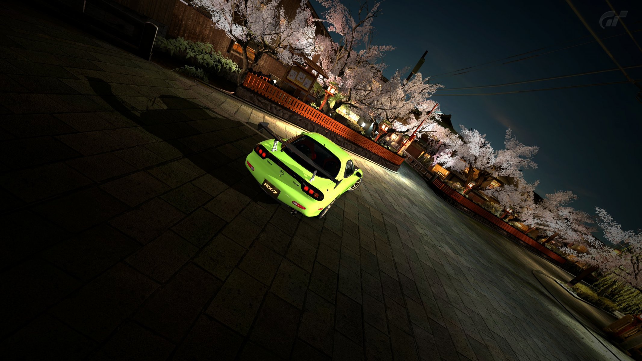 rx-7 verde chiaro piazza giappone case alberi sakura