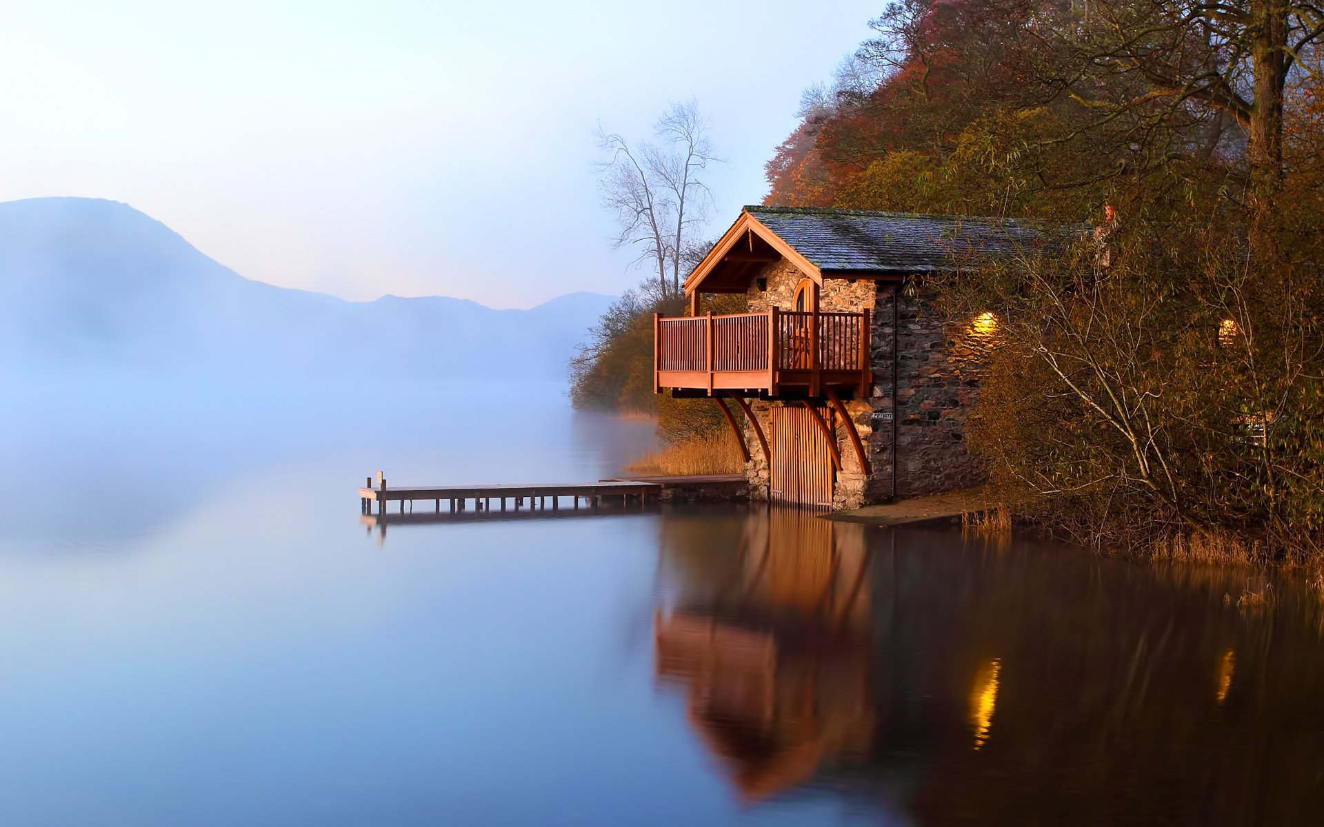 dawn fog the barn lake pier autumn