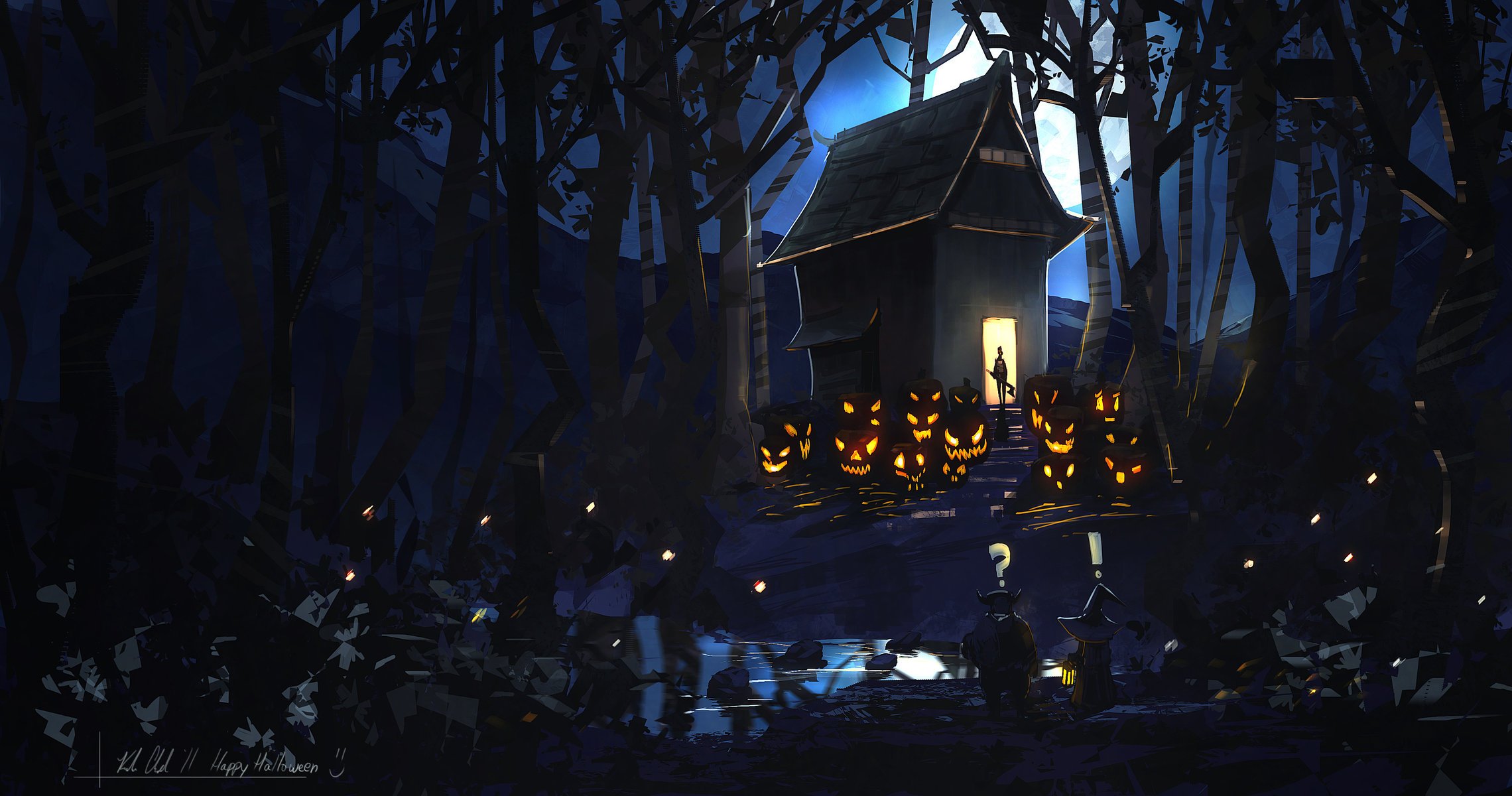 for k04sk house evil pumpkin forest the moon art happy halloween night