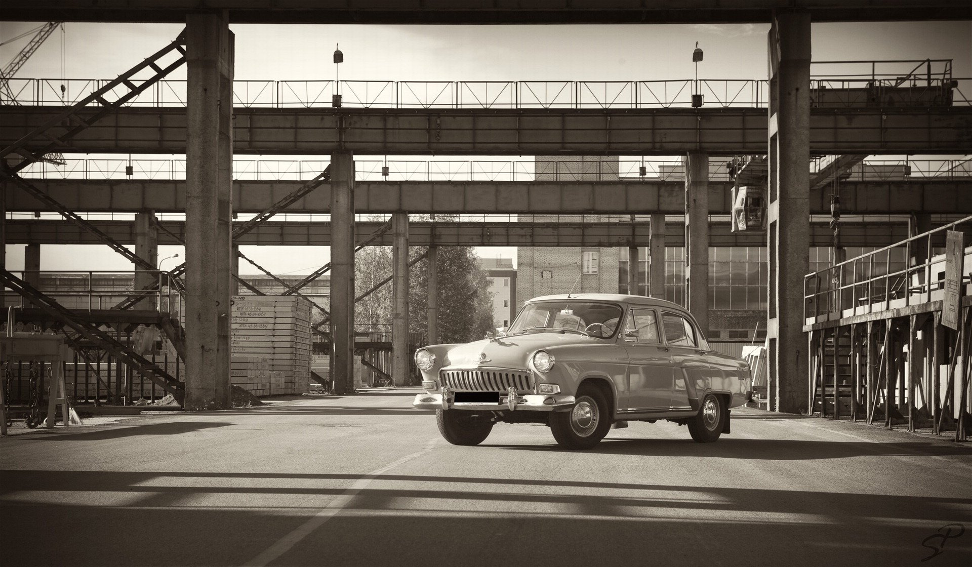 gas volga máquina retro fábrica papel pintado