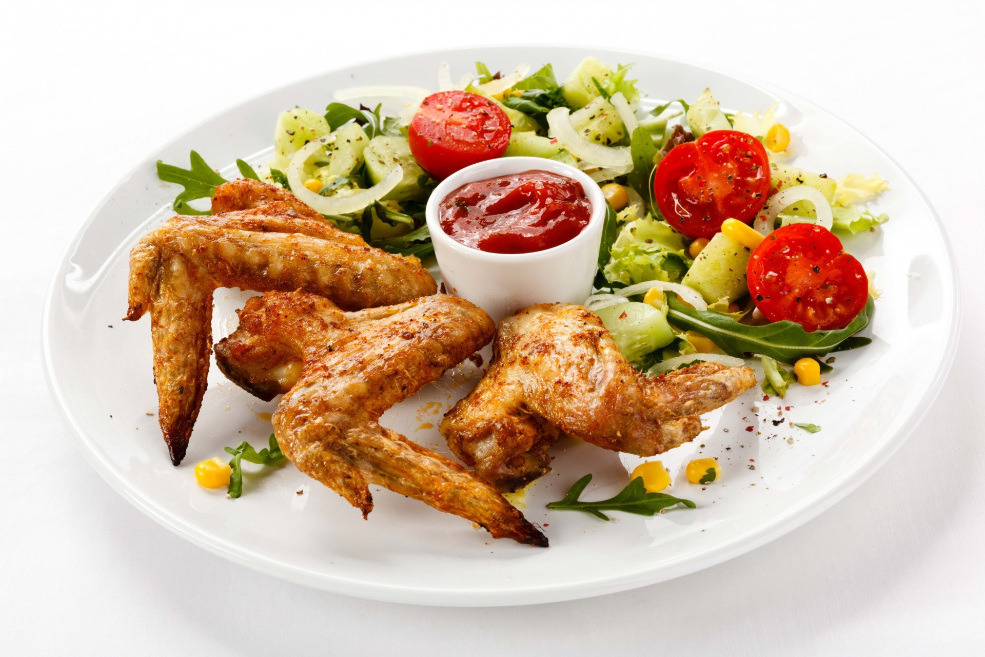 white background salad chicken plate ketchup