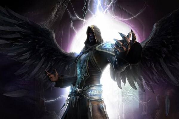 Dark angel in armor on a background of lightning