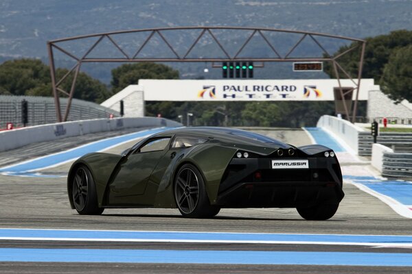 A racing car on the track backwards