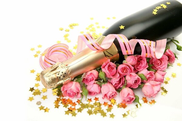 Image of champagne with roses in a gift varaint