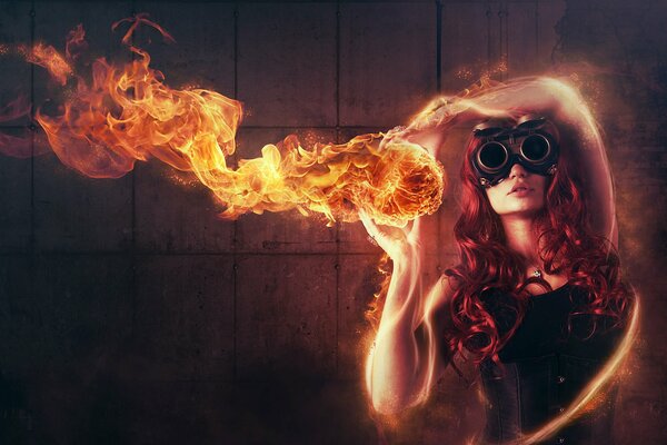 Red-haired girl with glasses holds a fire