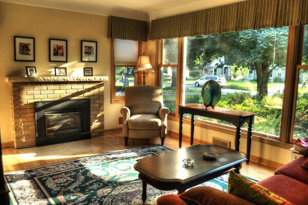 Cozy living room with fireplace and wooden furniture