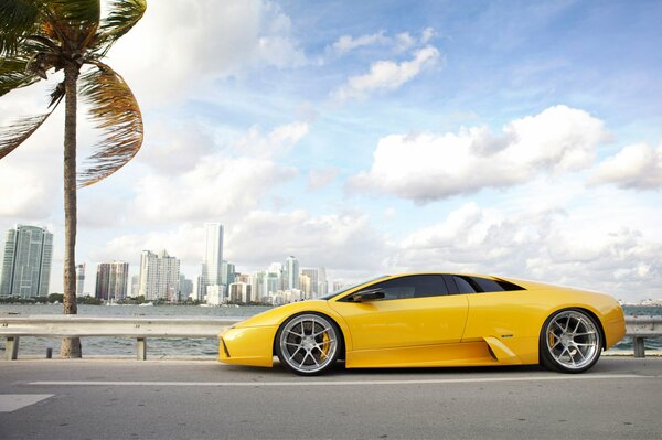 Gelber Lamborghini auf dem Hintergrund des blauen Himmels und der Stadt Mayami