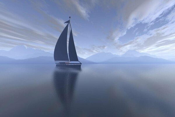 Landscape with a yacht on the morning sea