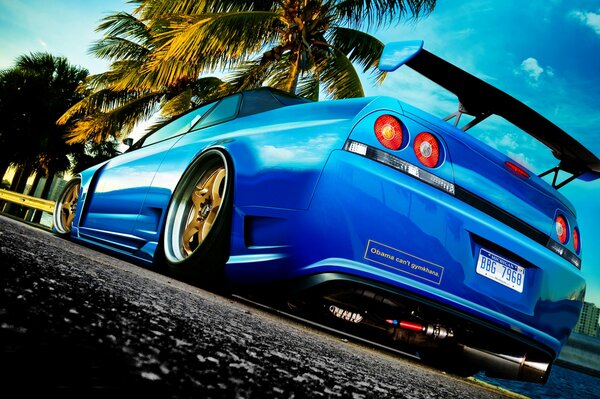 Stylish blue sports car on the road against a background of palm trees