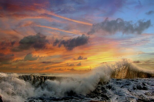 Stormy waves and unusual colors of the sky