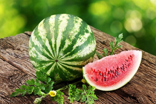 Juicy watermelon on a wooden table