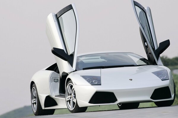 Lamborghini murcilago lp640 bianco su strada con porte rialzate