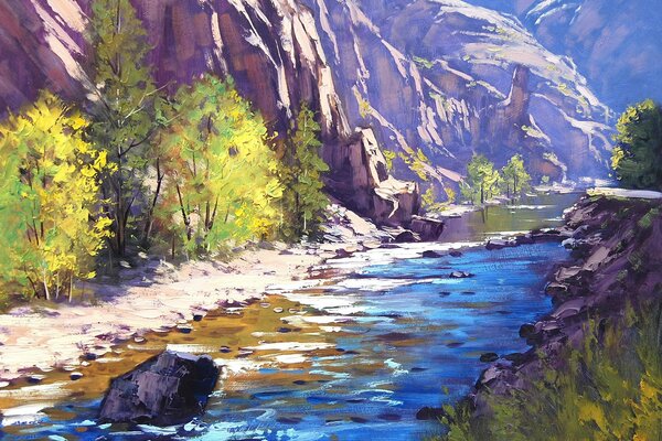 A gouache painting of the Colorado River