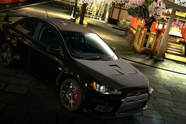 Black mitsubishi car in the city on the background of sakura