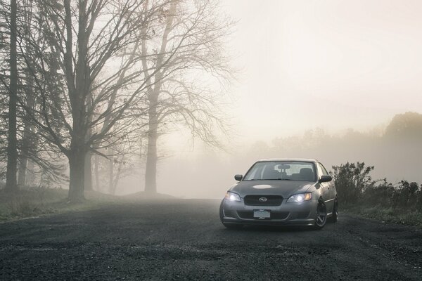 Camino de niebla, Subaru plateado