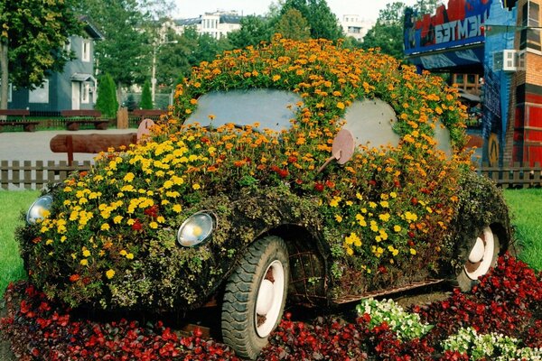 Клумба цветов в форме автомобиля