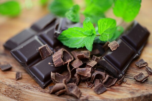 Chocolate negro con una ramita de menta